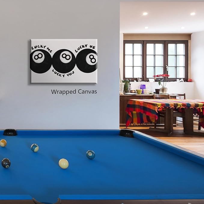 Black 8 Ball Poster, Lucky Me Lucky You Lucky Us Quote Canvas Wall Art, Playful Billiards Balls Picture Print, Retro 8ball Pool Painting for Bar Cart Game Room Man Caves Wall 8x12in Wrapped Canvas