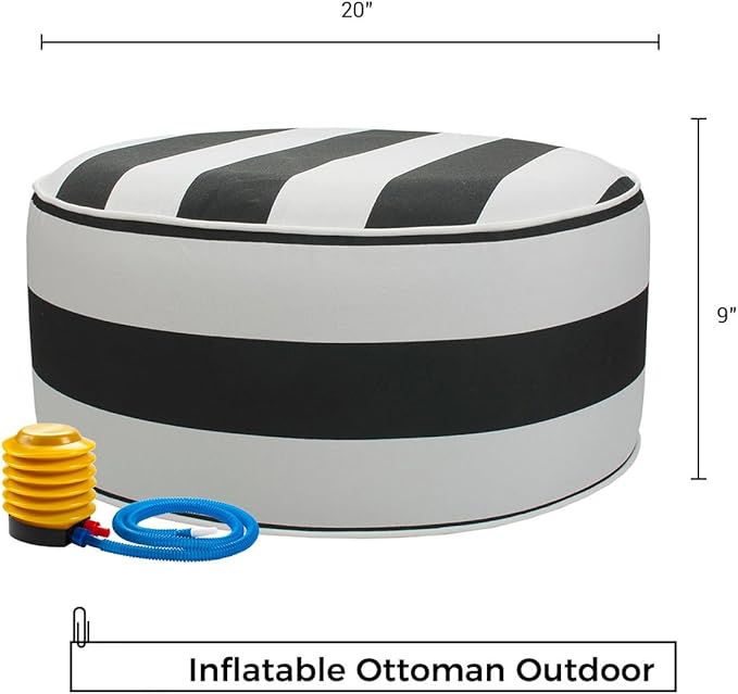 Inflatable Outdoor Ottoman with Air Pump,20"x9" Portable Patio Pouf,Water Resistant,Fade-Resistant,Round Blow Up Footrest Stools for Home Garden Camping Travel(Black White)