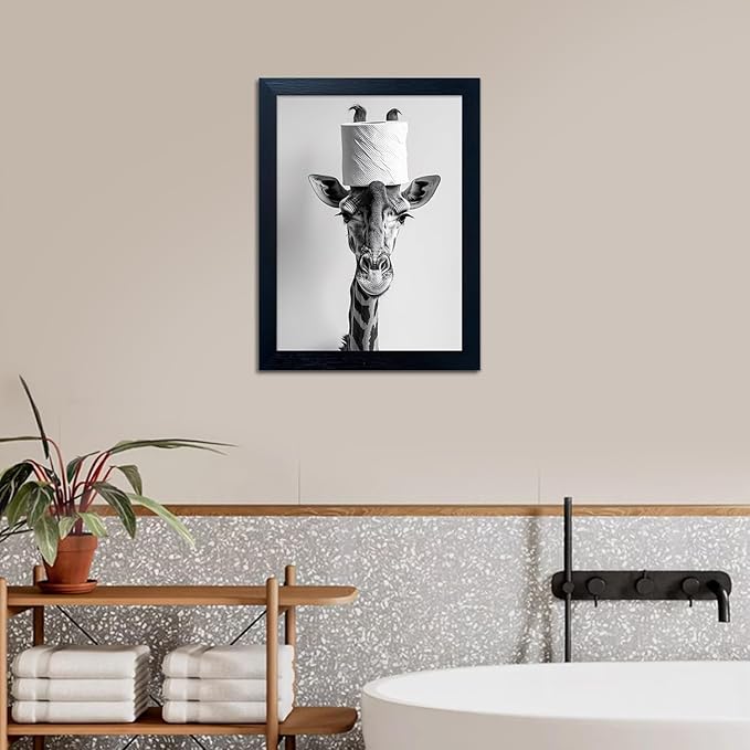 Framed Funny Bathroom Wall Art Giraffe with a Toilet Paper Roll on Head Print Black and White Bathroom Pictures Wall Decor Humor Animal Canvas Artwork