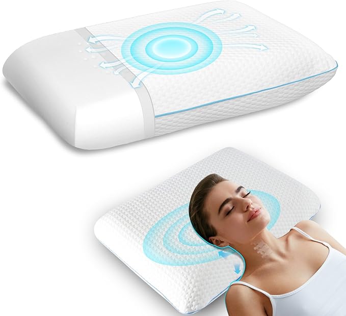 Memory Foam Pilllows for Sleeping, Soft Contour Pillow for Pain Relief, Bed Pillow for Side Back Stomach Sleepers，Cooling Pillow with Removable and Washable Cover, White