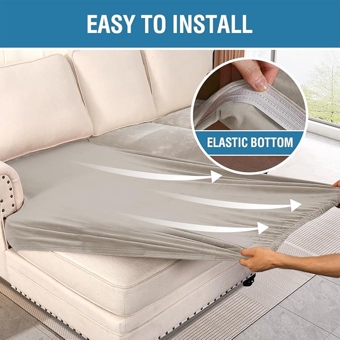 H.VERSAILTEX Velvet Stretch 3-Piece L Shape Sectional Couch Covers (Large 2 Seater + 1 Chaise, Oatmeal)