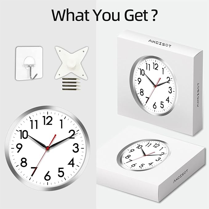 AKCISOT Wall Clock 10 Inch Silent Wall Clocks Battery Operated Non Ticking - Modern Silver Clock Decorative for Kitchen, Bathroom, Bedroom, Living Room, Office, Home(Silver)
