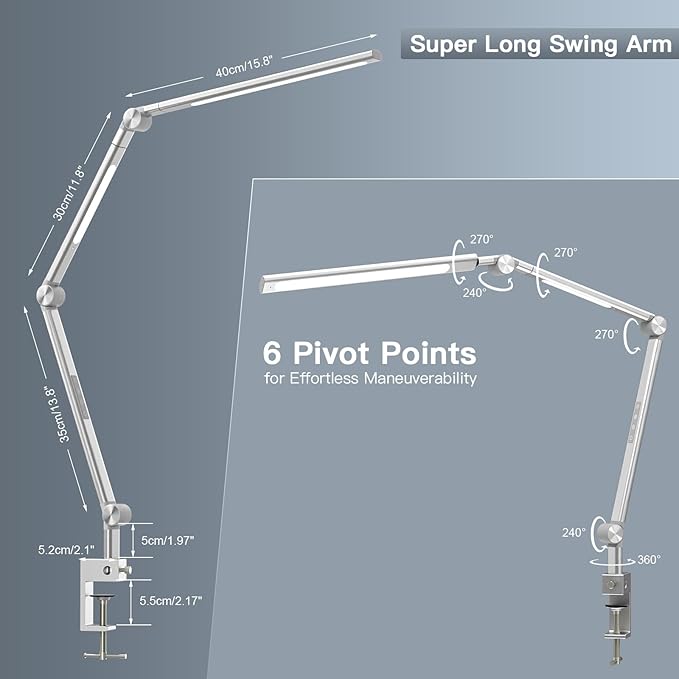 VERSKI LED Desk Lamp With Dual Light Source, Eye-Caring Optical Lens, 5 Color Modes & Brightness, 18W Brightest, Swing Arm Office Lamp, Clamp Lamp for Home Office, Work and Task