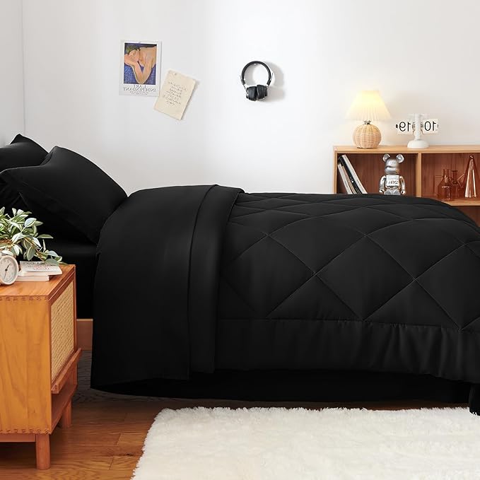 CozyLux Twin XL Comforter Set Black - 5 Pieces Twin Extra Long Bed in a Bag for College Dorm, All Season Bedding Set for Girls and Boys, Soft Bed Set with Comforter, Sheets, Pillowcase & Sham