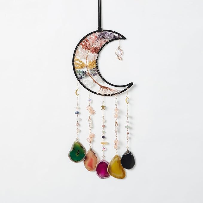 Rainbow Agate Gemstone Big Dream Catcher 7 Chakra Tree of Life Dream Catcher with Crystal Stones Handmade Dreamcatcher Wall Decor for Adults Boys Girls,Bedroom,Garden,Bless Gift(Large Colorful Moon)