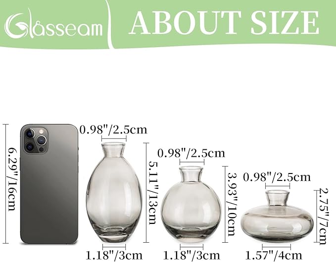 Bud Vases 3Pcs/Set Small Vases Handmade Cute Gray Small Vases for Flowers Centerpieces Glass Vases Mini Vase Home Decor Centerpieces, Events Table Decor