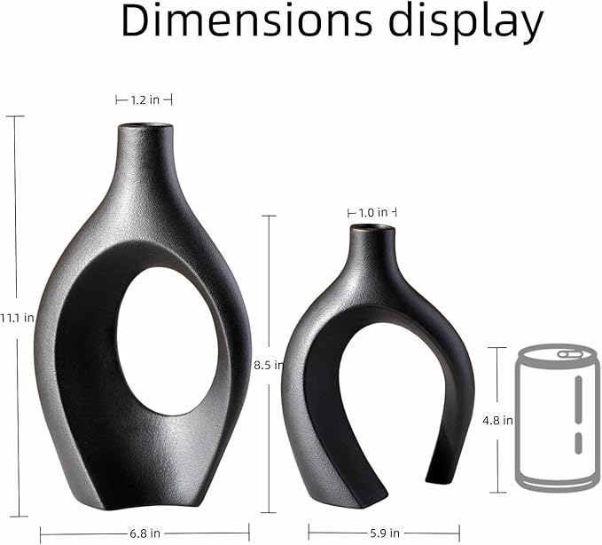 Levvohd XL Black Ceramic Vase Set of 2 for Modern Home Decor, Neutral Boho Round Donut Pampas Grass Vases, Nordic Aesthetic Vase, for Living Room Coffee Table Fire Place Book Style Shelf (H 11.1")