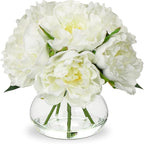 Hollyone Fake Flowers White Peonies Artificial Flowers Faux Flowers with Vase Peony Silk Flower Arrangements in Glass Vase with Faux Water for Home Decor Bathroom Table Centerpiece Shelf Decorations