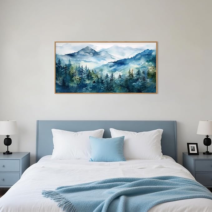 Celestdeco Blue Ridge Mountains Forest Framed Canvas Wall Art Set, Natural Landscape Wall Decor, Green Pine Trees Wall Painting, Woodland Artworks for Living Room, Bedroom, Dining Room - 20"x40"