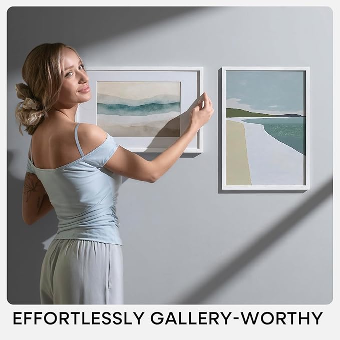 Homeforia A2 White Wood Frame, High End Oak 16.5 x 23.4 White Wooden Poster Frames Matted to 11.7 by 16.5 in Photo, A2 Size Wood Picture Frame with Mat A3 for Print, Tempered Glass, Wall Kit, Set of 1