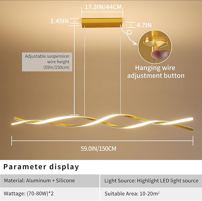 Modern Ceiling Pendant Light, with Remote Control Dimmable 3 Color Mode & Brightness Ceiling Lamp, Anti-Flicker Dining Light Fixture for Kitchen, Dining Room (Gold, 59IN)