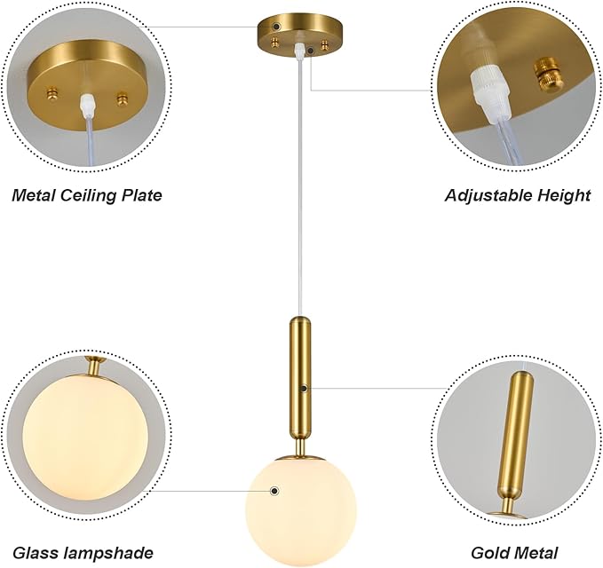 Modern Hanging Light Fixture Pendant Lighting for Kitchen Island Mid Century Gold Pendant Lights with Globe Milky White Glass Pendant Light for Bedroom Bathroom Entryway (2 Pack)