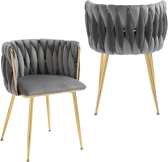 Nrizc Woven Dining Chairs Set of 2, Velvet Upholstered Dining Chairs with Gold Metal Legs, Modern Accent Chairs for Living Room, Dining Room, Kitchen (Grey)