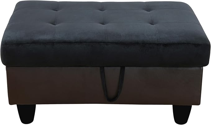 Ottoman Rectangular Storage Ottoman Bench, Flannel Footrest Stool Footstool with Lid for Living Room, Bedroom, Entryway, Dark Blue&Brown, 35"x23.5"x17.5"