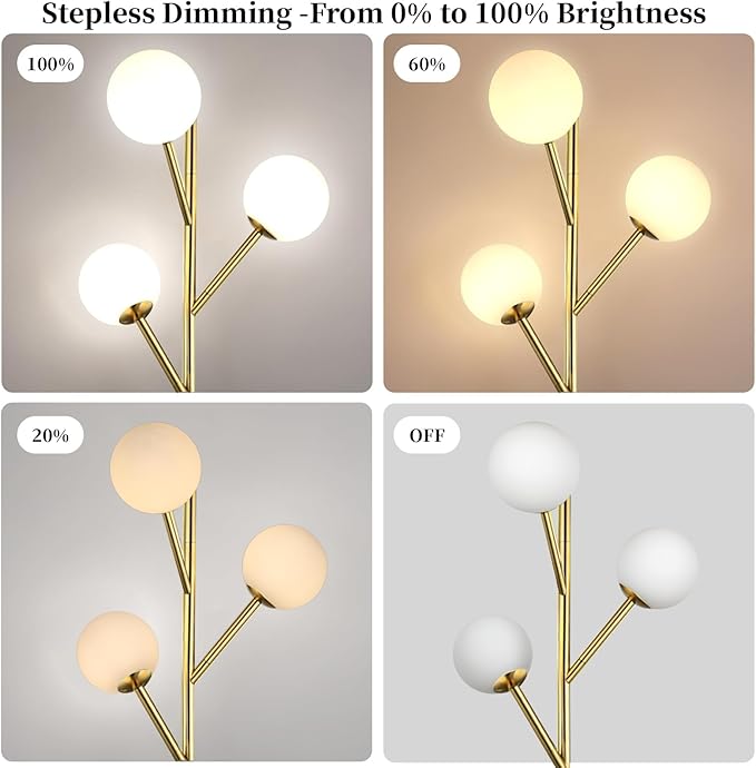 70in Gold 3-Globe Mid Century Dimmable Floor Lamp for Living Room G9 LED Bulbs Included,Modern Standing Lamp with Frosted Glass Shade for Bedroom,Studyroom Antique Brass Lighting(dimmer-Gold)