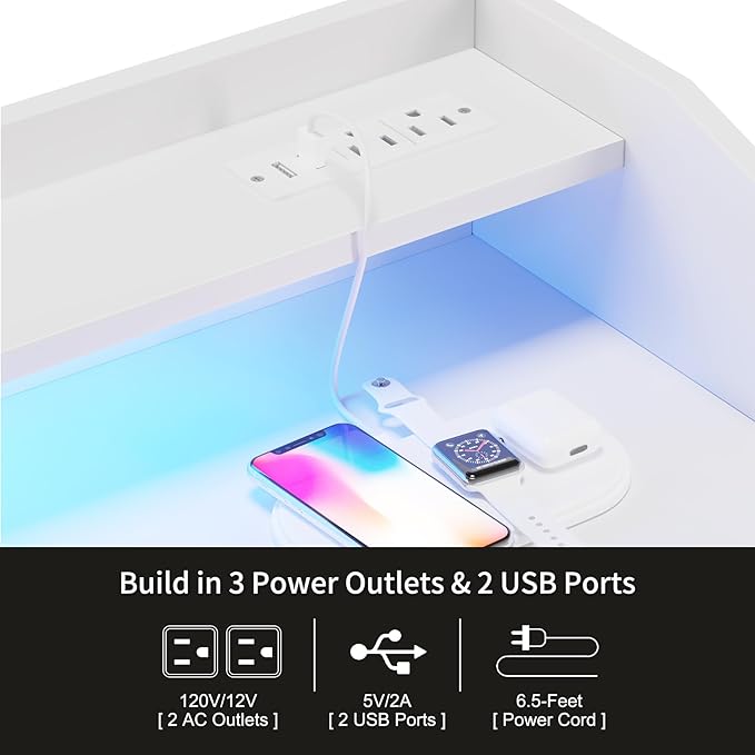 LUMTOK Modern 5 Dresser with LED Hanging Rack, Dresser with Clothes Rack, Hanger Rack, and Storage Drawers, Drawer Dressers with Coat Racks for Bedroom Living Room, Entryway, Closets (White)