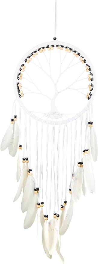 OMA Dream Catcher, Tree of Life Design with Feathers and Beads, White Suede Authentic Traditional Dream Catcher Boho Home Decor Bedroom Decoration Gift - Large Size - 36" Long x 11" Diameter (Black)