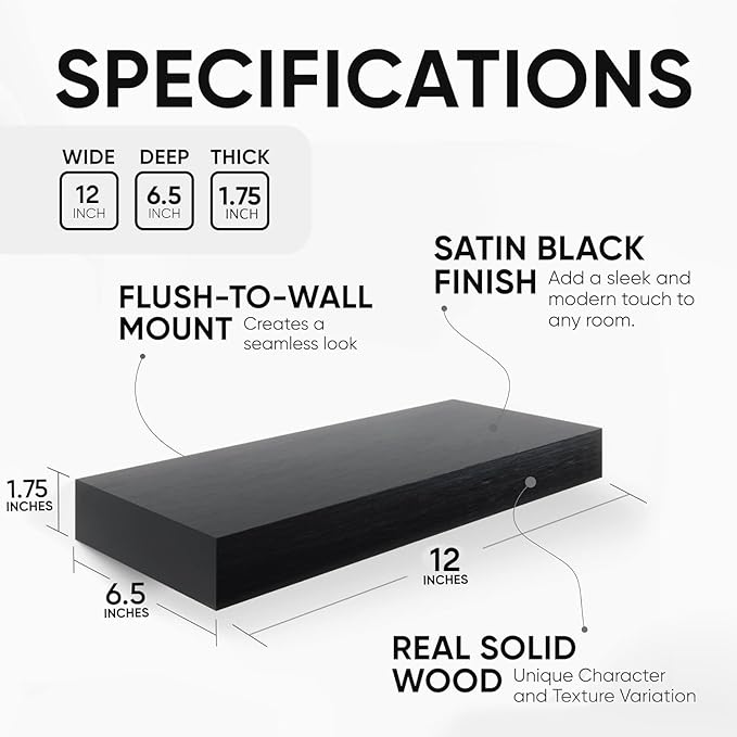 Homeforia Floating Shelf Black 12 inch, High End Solid Real Wood Small 12inch Floating Shelves for Wall Mounted, Black Wooden 12 in Floating Shelves, Heavy Duty Bracket, 12 X 6.5 X 1.75 inch, Set of 3
