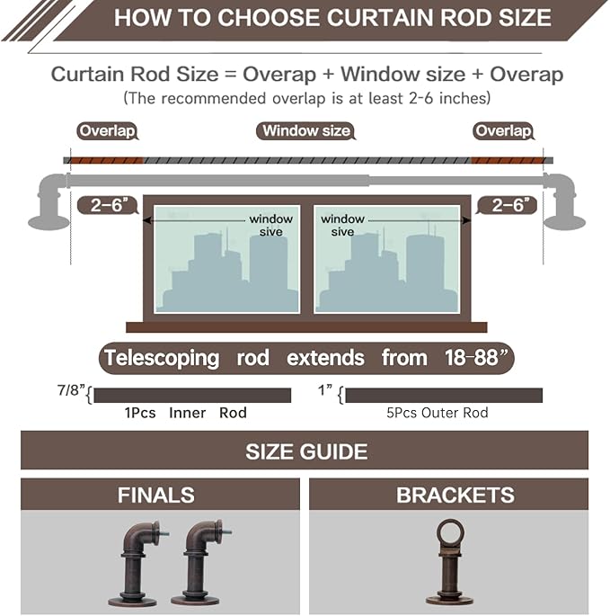 Industrial Curtain Rods for Windows 18 to 88 Inches Adjustable Length, 1 Inch Diameter, with Aluminium Finials (Antique Red Bronze, 18” to 88”)