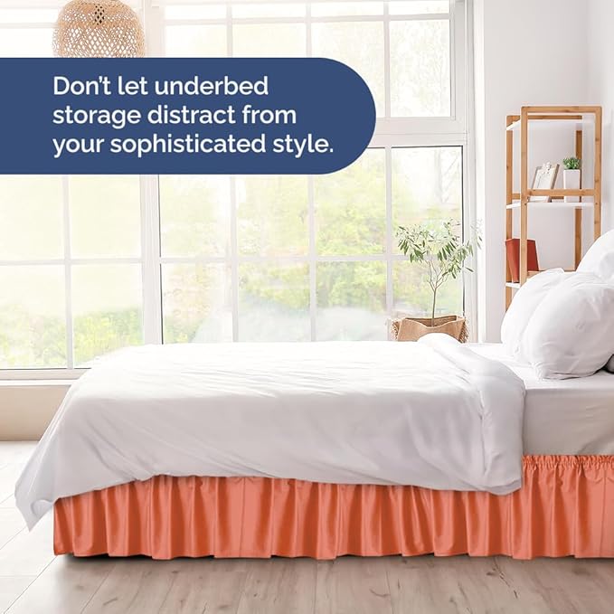 Wrap Around Dust Ruffle Bed Skirt - Coral - for Full Size Beds with 24 Inch Drop - Easy Fit Elastic Strap - Adjustable Pleated Bedskirt w/Brushed Fabric - Wrinkle Free - for Women, Men, Kids & Teens