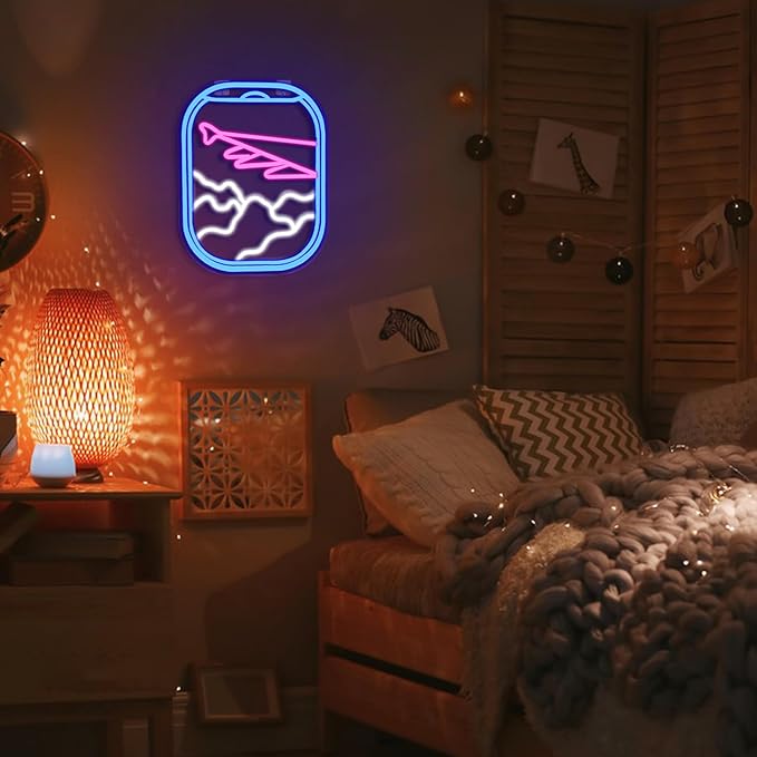 WLHOPE Airplane Window View Neon Signs Blue Pink LED Neon Sign for Wall Decor, USB Plane Window Clouds Neon Light Up Signs for Bedroom Living Room Game Room Office Shop Airport Wall Art Decor