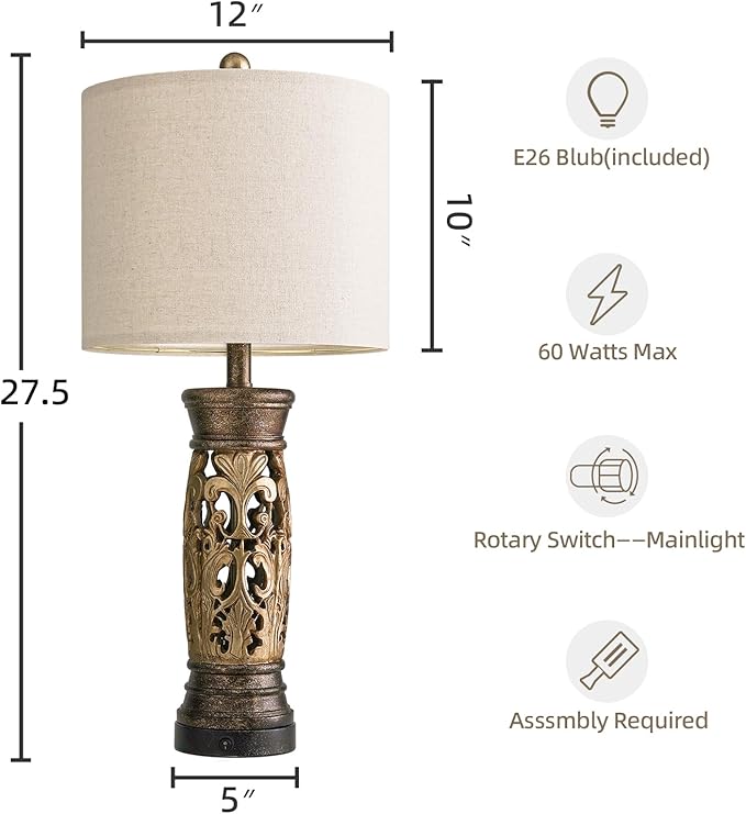 BOBOMOMO 27.25” Antique Gold Table Lamps Set of 2 – Farmhouse Bedside Lamps with Night Light & USB A+C Ports, Vintage Lamps for Bedroom, Living Room, Entryway, Nursery, Reading Nook(Bulbs Included
