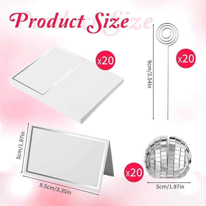 Prasacco 20 Set Disco Ball Table Number Holders, 2 Inch Silver Disco Ball Place Card Holder with Swirl Wire Clips und Name Cards for Wedding Party Decoration, Photo Display Holder, Desktop Decorations