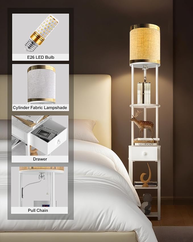 Lightdot 65IN Floor Lamps with Storage Table&Drawer, Corner Shelf Lamps with White End Table and Fabric Lampshade, Modern Standing Tall Lamp for Living Room/Bedroom/Office(E26 LED Bulb Included)