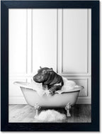 Framed Bathroom Decor Wall Art Black and White Canvas Print Cute Hippo in Bathtub Wall Art Bathrom Painting for Wall