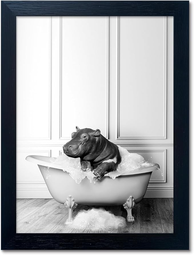 Framed Bathroom Decor Wall Art Black and White Canvas Print Cute Hippo in Bathtub Wall Art Bathrom Painting for Wall