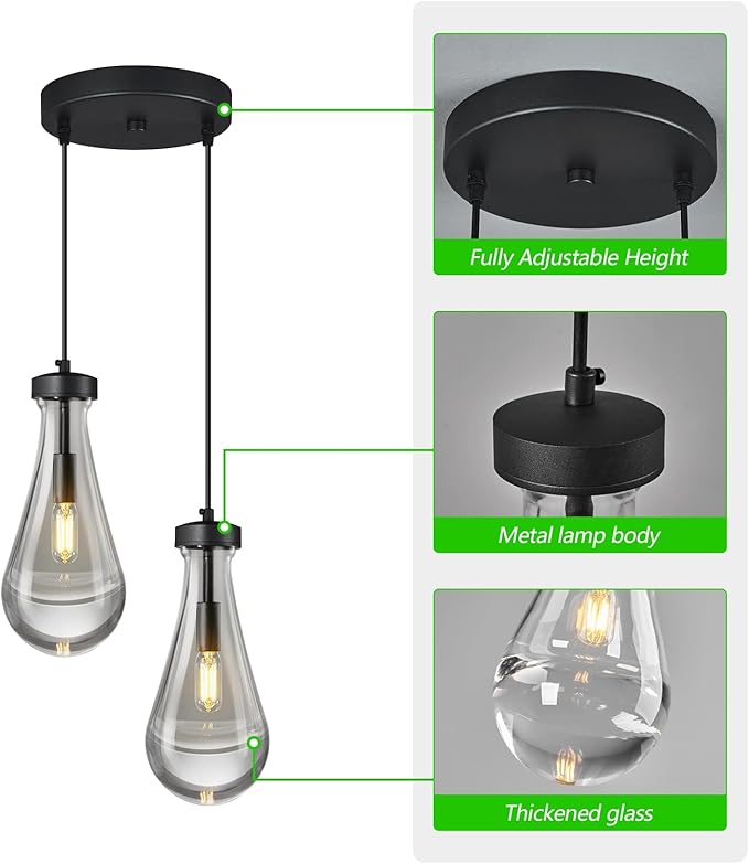 Raindrop Pendant Lights Kitchen Island Teardrop Black Hanging Light Fixtures Clear Solid Glass Pendant Light Modern Chandeliers for Dining Room Porch Corridor Living Room(2-Light)