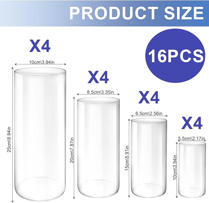 16 Pack Glass Cylinder Vases, 4,6,8,10 Inch Tall Clear Flowers Vases for Centerpieces, Floating Candles Vase,Hurricane Glass Candle Holders Vase for Wedding Home Tables Decor