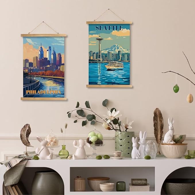 WREVERW Vintage Philadelphia Poster Canvas Print with Wooden Hanger Frame, Featuring Skyline and Schuylkill River, Wall Art for Home and Office Decor, 16x23 inches