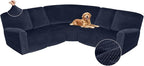 Arfntevss Sectional Recliner Couch Covers Velvet Corner Sectional Sofa Cover for Reclining Couch Stretch Soft L Shape Recliner Slipcover Thick U Shaped Washable Protector (5 Seat Cover, Dark Blue)