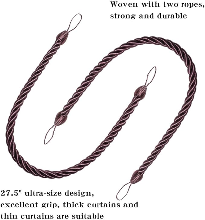 BEL AVENIR Curtain Ropes Tiebacks Tie-Backs, Curtain Handmade Holdbacks with 2 Metal Screw Hooks (Purple, 2pack)