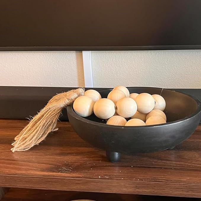 Oversized Wood Bead Decor, 1.6" Diameter Chunky Natural Wood Beads, 41" Long Farmhouse Tray with Tassels, Coffee Table farmhouse Bed decor