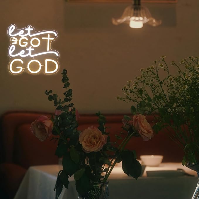 Let Go Let God Neon Sign Warm White Cross Neon Light Dimmable Letters LED Signs for Wall Jesus Neon Lights Signs for Bedroom Church Man Cave Bar Decor Christian Hymn USB Powered