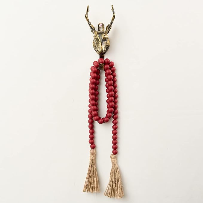 OMISHE 59in Wood Bead Garland with Tassels, Decorative Beads Decor, Farmhouse Wooden Beads Garland for Wall Hanging Home Festival Decor, Burgundy, Wind Red