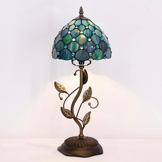 Small Tiffany Lamp Sea Blue Pearl Style Stained Glass Table Lamp Metal Leaf Accent Desk Memory Lamp Sympathy 8X20 Inch