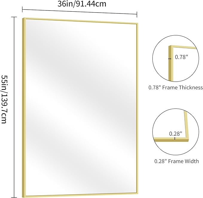 YIROMAN Bathroom Mirror 55"x36", Large Brushed Gold Bathroom Mirror for Over Sink with Aluminum Frame, Rectangular Vanity Mirror with Right Angle, Wall Mirror Hangs Horizontal or Vertical