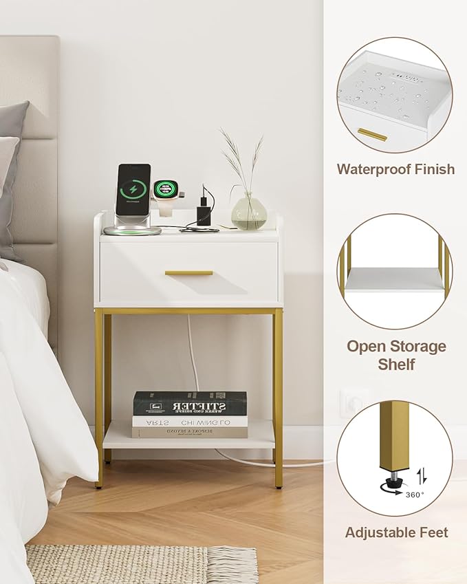 Masupu Nightstand with Charging Station,3-Tier Modern Bedside Night Stand with Storage Drawer and Shelf,Small End Side Table for Bedroom,Living Room,White