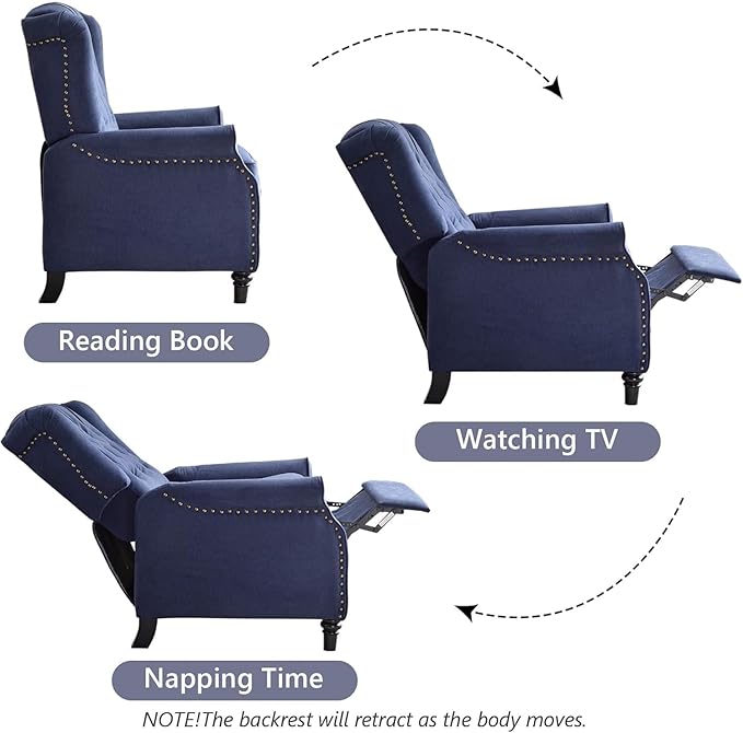 CANMOV Push Back Recliner Chair Set of 2, Modern Fabric Wingback Recliner Chair, Comfy Armchair Single Sofa Accent Chair with Padded Seat and Nailhead Trim, Tufted, Dark Blue