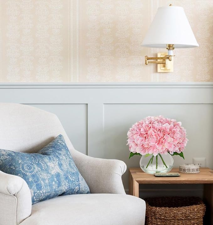 Hollyone Hydrangea Artificial Flowers with Glass Vase Pink Silk Faux Flowers Arrangements with Clear Faux Water Fake Floral Bulk Bouquet for Home Decor Table Centerpiece Decorations