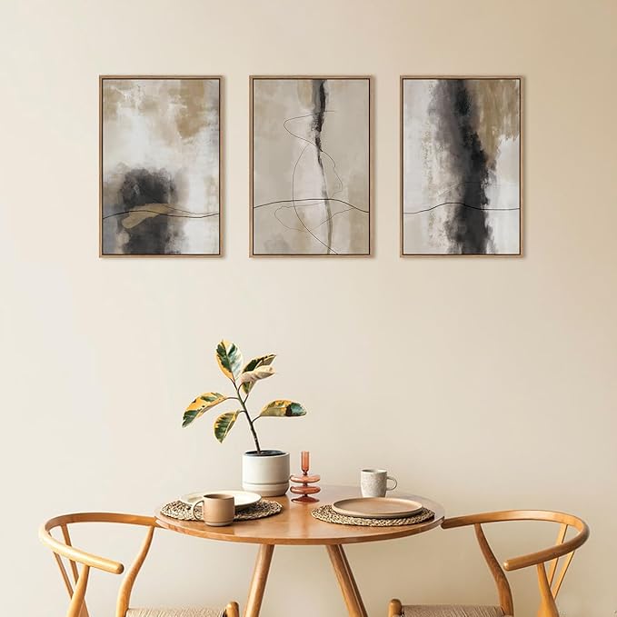 HPINUB Large Modern Abstract Framed Canvas Wall Art Set,Geometric Line Black White and Beige Textured Wall decor Neutral Gray Minimalist Art Print for Living Room,Bedroom,Dining Room,Office -16"x24"x3