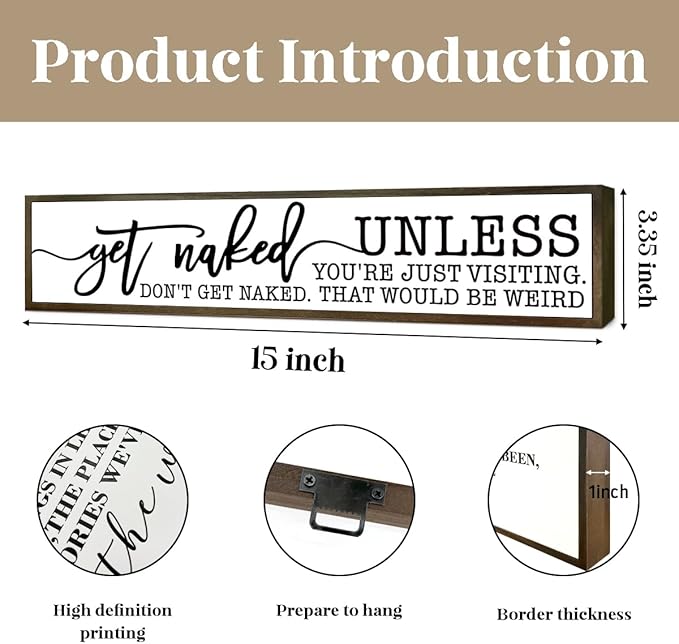 Humorous Decor for Bathroom, Get Naked Unless You're Just Visiting Sign, Funny Bathroom Box Sign, Rustic Wood Framed Signs, Modern Farmhouse Home Decoration, Restroom Decor 14.9 * 3.3 * 0.9 inches