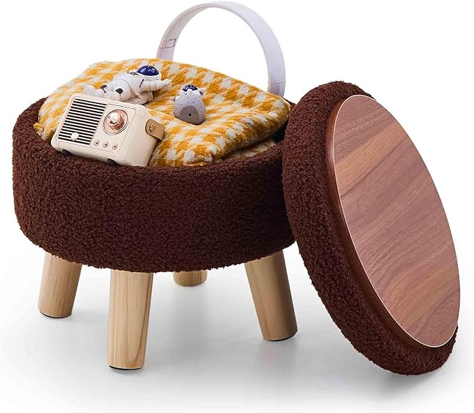 Wimarsbon Storage Ottoman, Modern Round Footrest with Soft Padded Seat, Teddy Velvet Footstool with Wood Legs, Accent Small Table or Plant Stand for Hallway, Living Room (Brown)