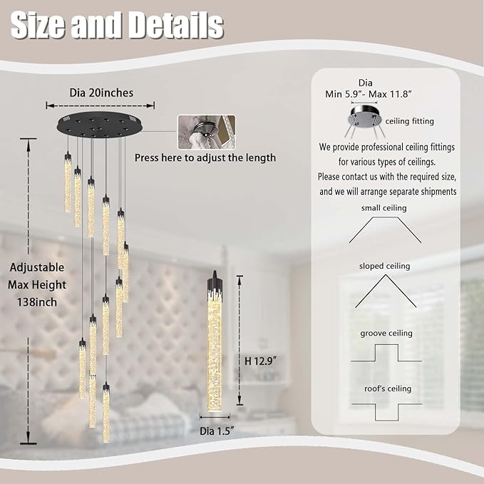 H138'' Crystal Bubble Column Chandelier Black 12-Lights Ceiling Light for Foyer Entrance Pitched Ceiling Loft Lighting Fixture LED Dimmable 2700K-6000K