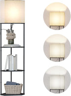 SUNMORY Sector Corner Shelf Lamp 3 Color Temperatures LED Bulb,Corner Lamps with Linen Lampshade, Floor Lamps for Living Room, Bedroom, Study, Black Standing Lamp with Shelves