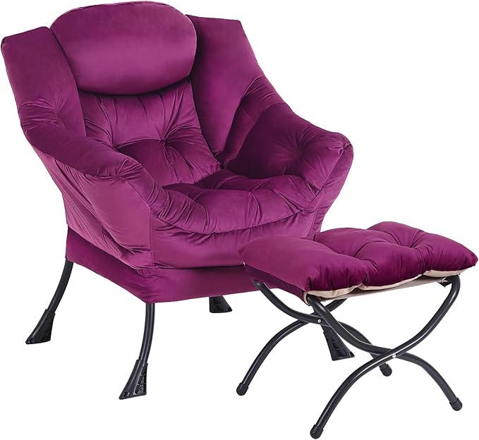 Lazy Chair and Ottoman, Large Accent Lounge Chair with Armrests and a Side Pocket, Modern Leisure Upholstered Sofa Reading Armchair with Footrest for Bedroom, Living Room, Dorm Rooms, Office