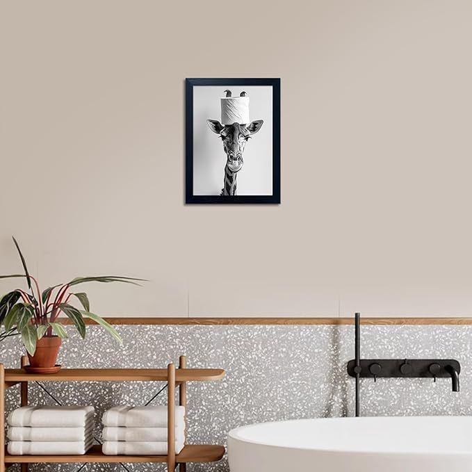 Funny Animal Bathroom Wall Art Giraffe with a Toilet Paper Roll on Head Painting Black and White Bathroom Pictures Wall Decor Framed Humor Canvas Print Artwork